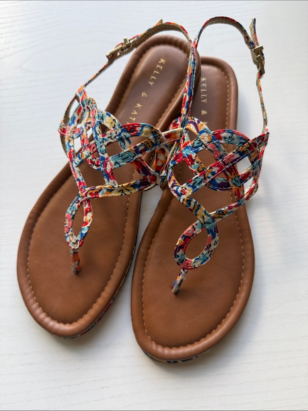 Kelly & Katie Multicolor Braided T-Strap Sandals with Brown Footbed